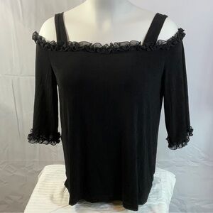 Slinky Black Ruffle Trim Cold Shoulder Top Three Quarter Inch Sleeves Size 1X